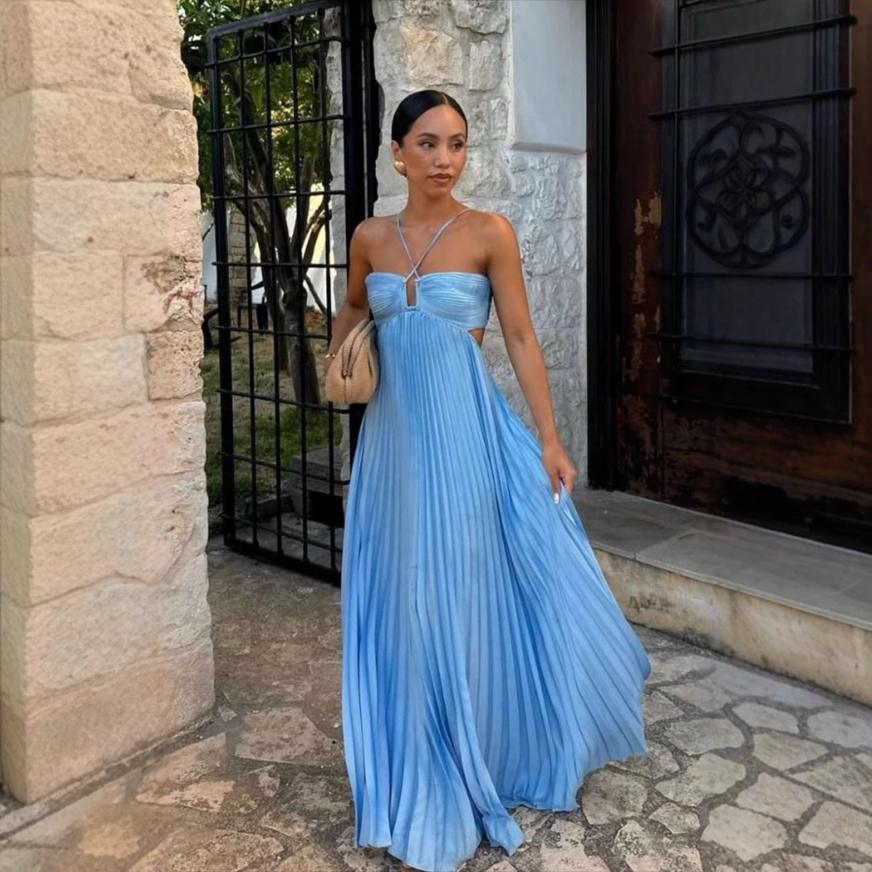 Ins Pleated Sleeveless Sling Dress Hollow High Waist Halter Robe Dresses For Evening Party Club Clothing Women